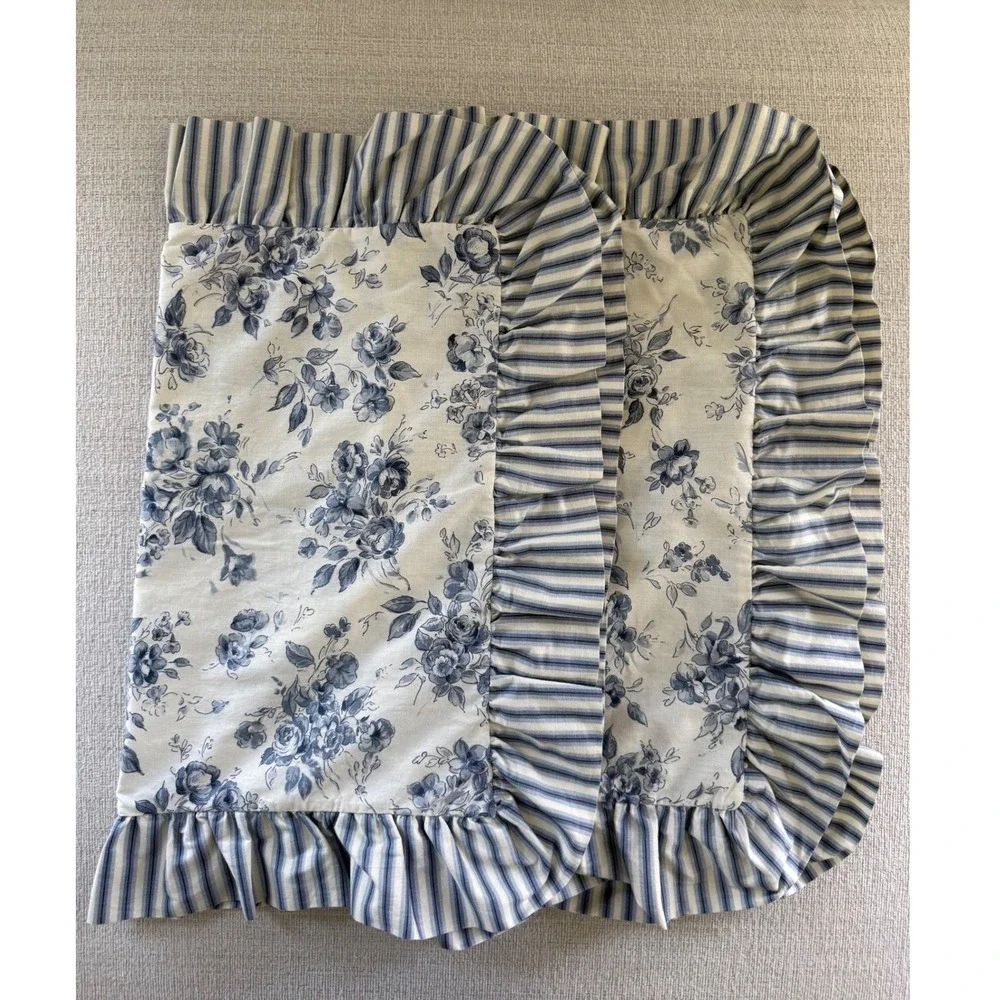 Set of 2 CROWN CRAFT PILLOW SHAMS STANDARD WHITE & BLUE Floral Stripes Ruffle